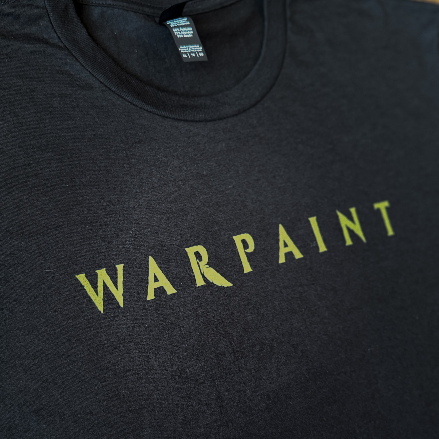 Black t-shirt with 'WARPAINT' printed in yellow on a dark background