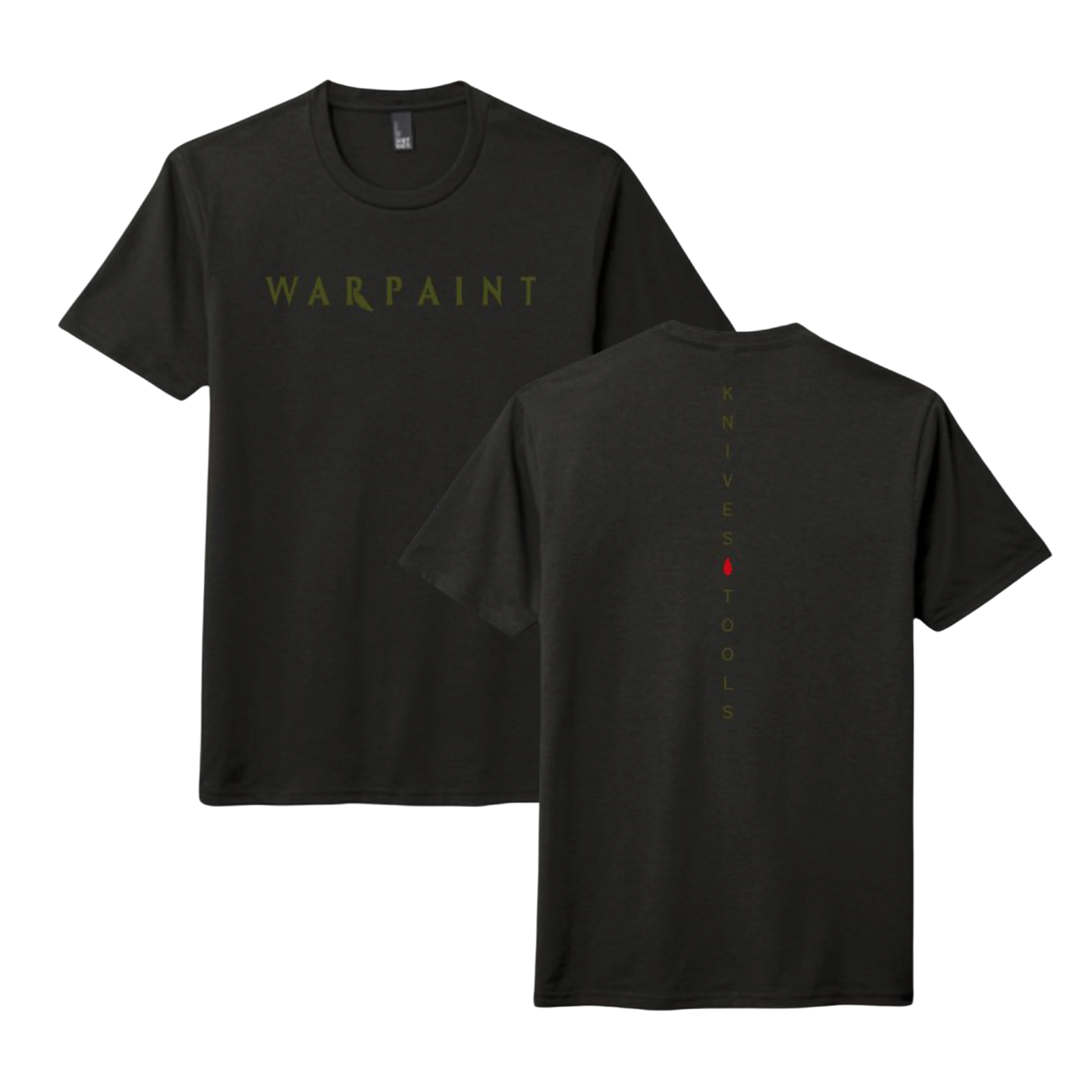 Black t-shirt with 'Warpaint' logo on front and red button detail on back, displayed on a white background.