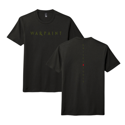 Black t-shirt with 'Warpaint' logo on front and red button detail on back, displayed on a white background.